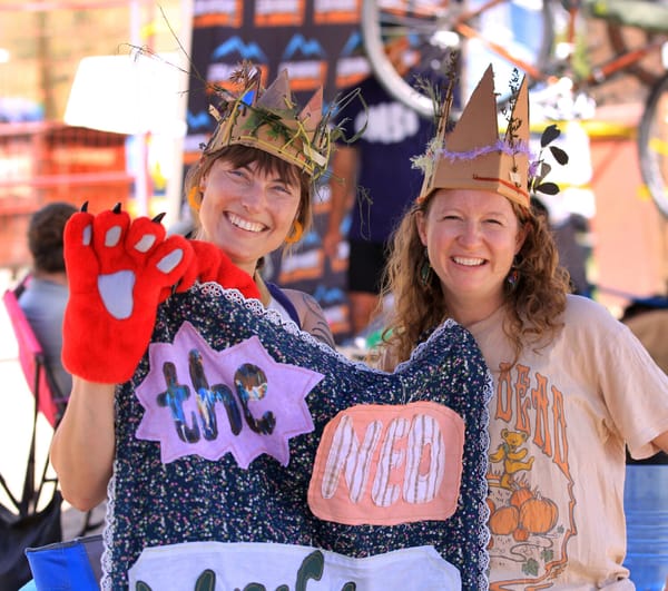 Two Ned Workshop volunteers in hand-made cardboard crowns holding up a sewn Ned Workshop banner