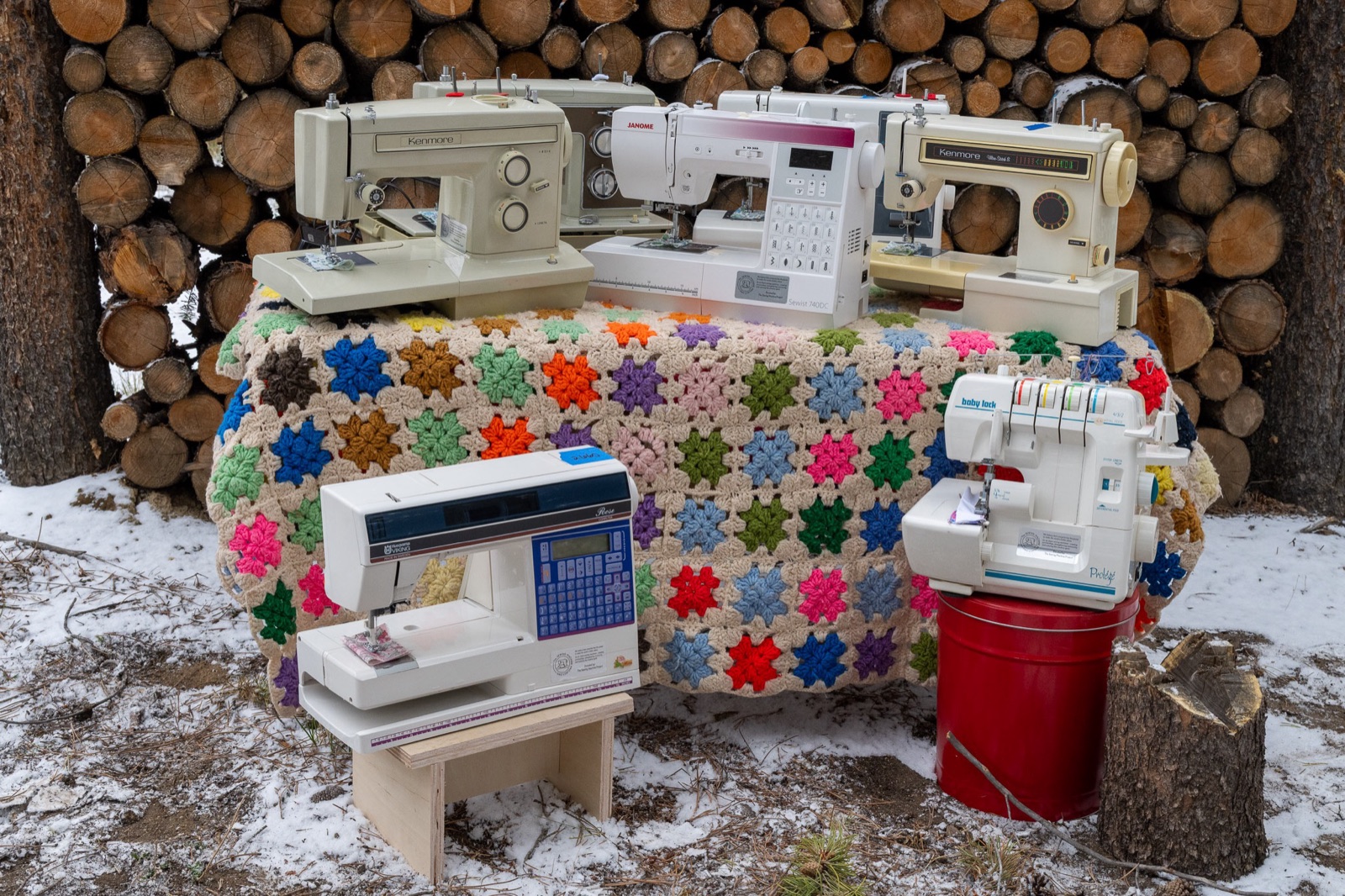 The collection of sewing machines donated by The Sewing Machine Project